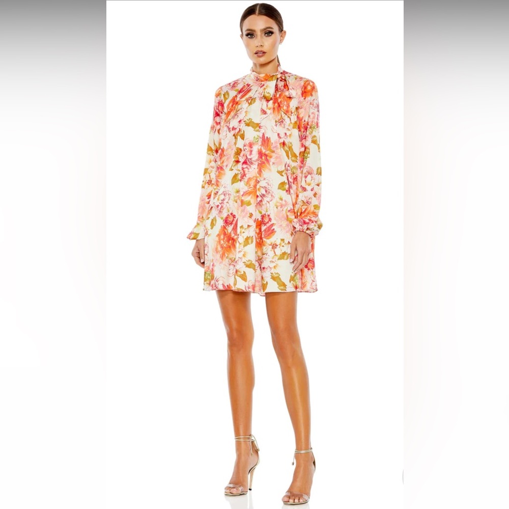 Mac Duggal floral print high neck with bow mini dress puff long sleeve